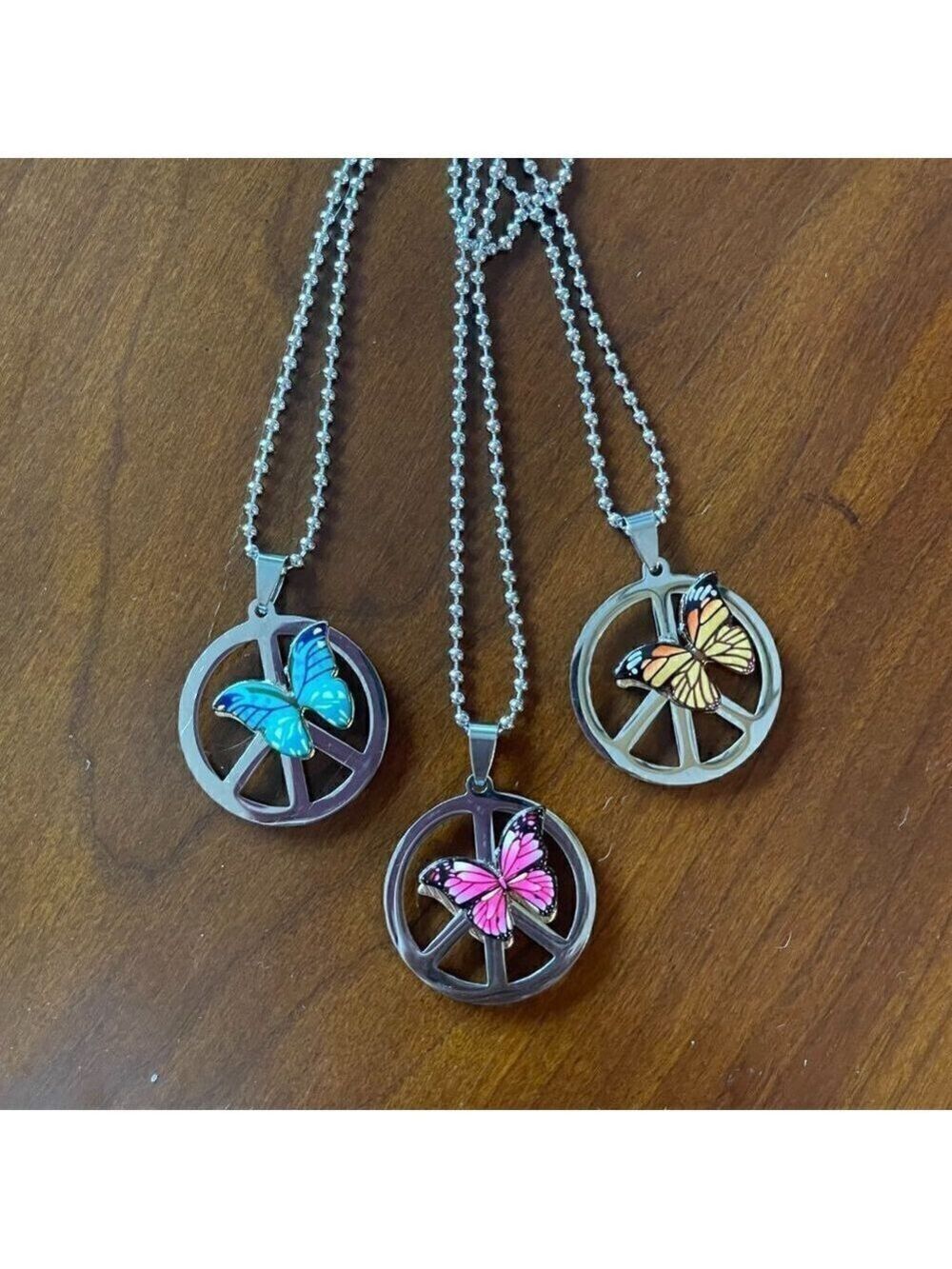 Upcycled Medium Size Peace Sign Pendant Butterly Necklace #848